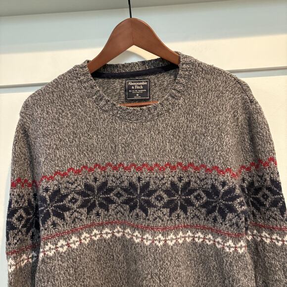 Abercrombie & Fitch Sweater Mens Medium Gray Fair Isle Crewneck Nordic Knit - Picture 3 of 11